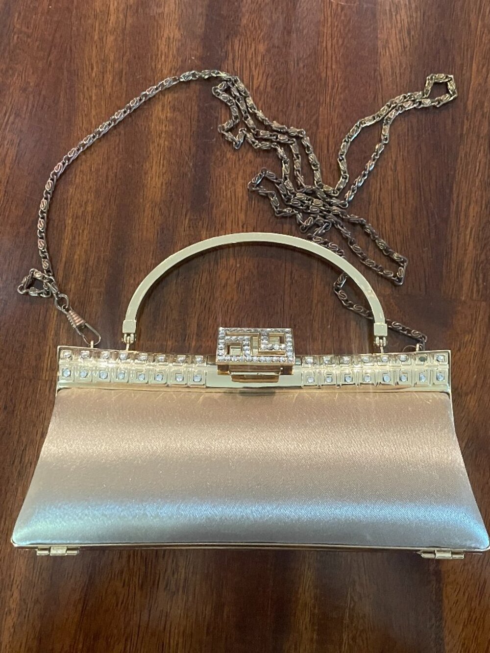 Vintage Gold Satin Clutch Crossbody Purse Evening Wedding 7" x 3" Studs